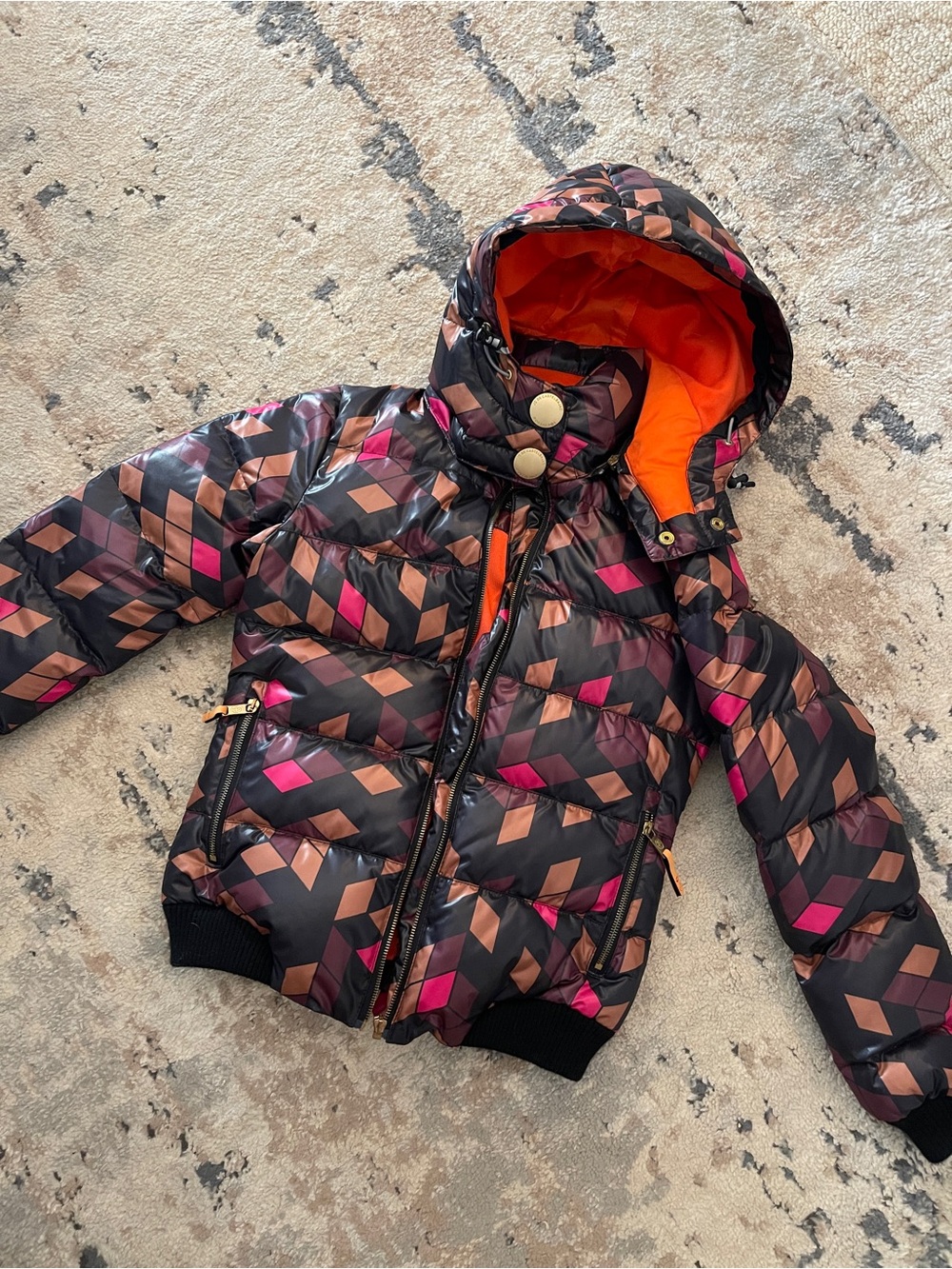 Geometric Print Puffer Jacket with Hood - Black, Pink & Brown
